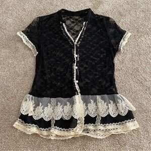 Vintage Button Doen Black Lace Women Top. Size S
